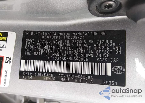 2021 Toyota Camry Se Hybrid из США, поврежденный, VIN 4T1S31AK7MU569086